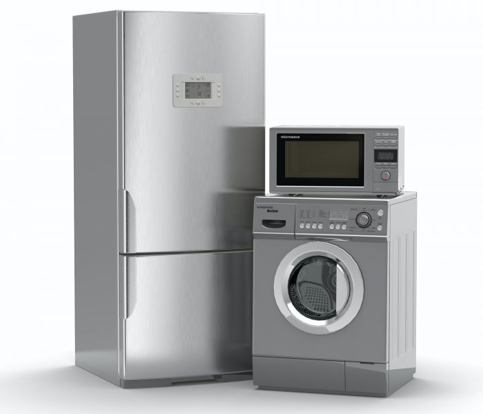 Home appliances. Refrigerator, microwave and washing maching.